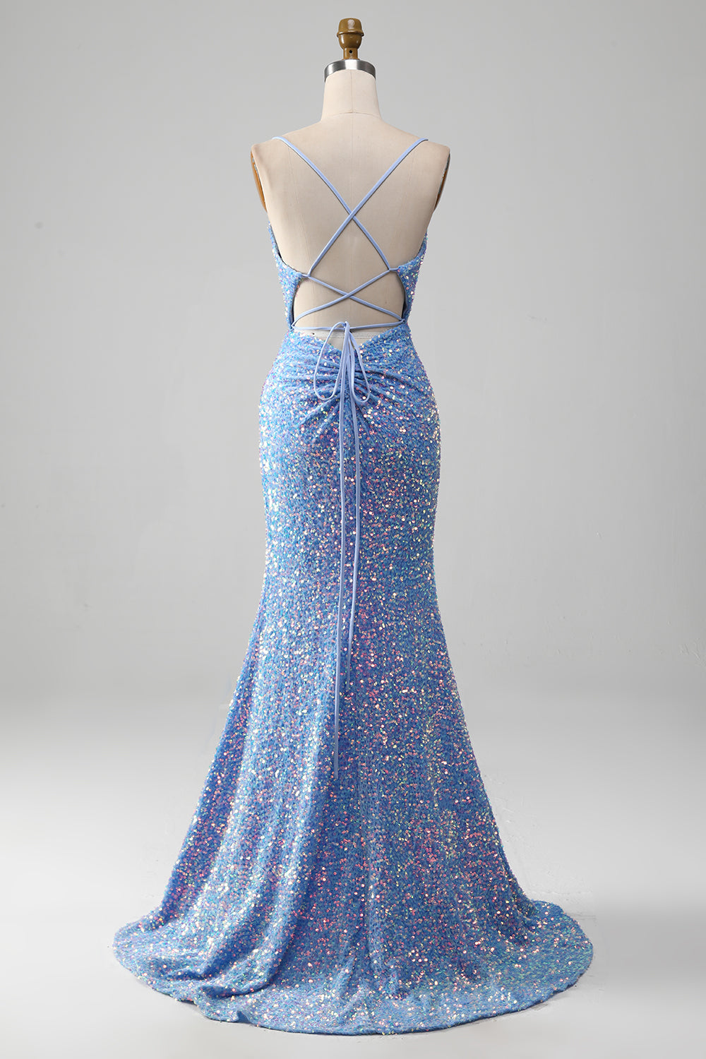 Robe de bal sirène bleu clair à sequins scintillants avec fente
