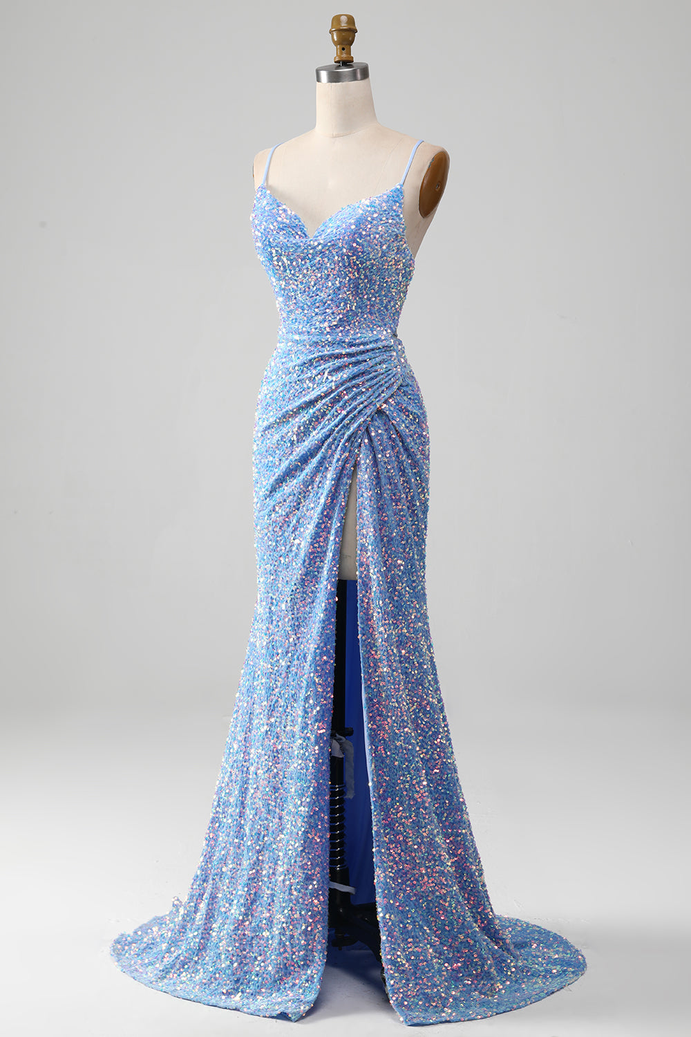 Robe de bal sirène bleu clair à sequins scintillants avec fente