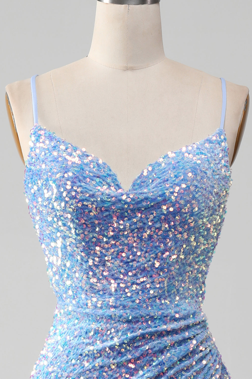 Robe de bal sirène bleu clair à sequins scintillants avec fente