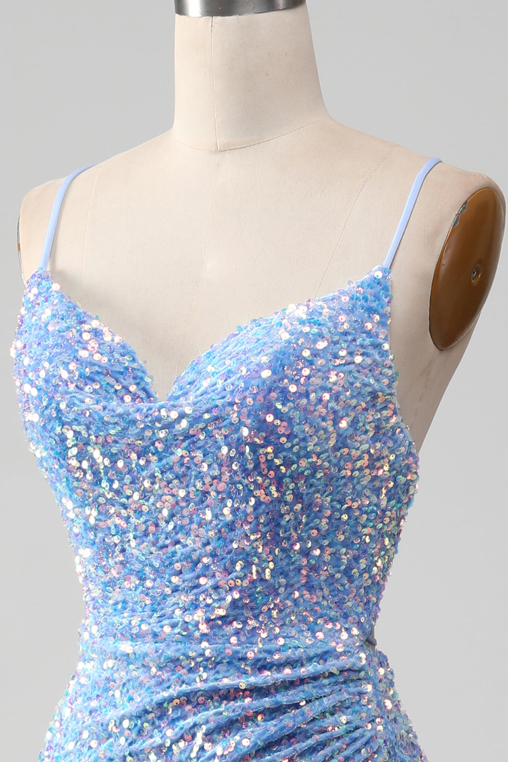 Robe de bal sirène bleu clair à sequins scintillants avec fente