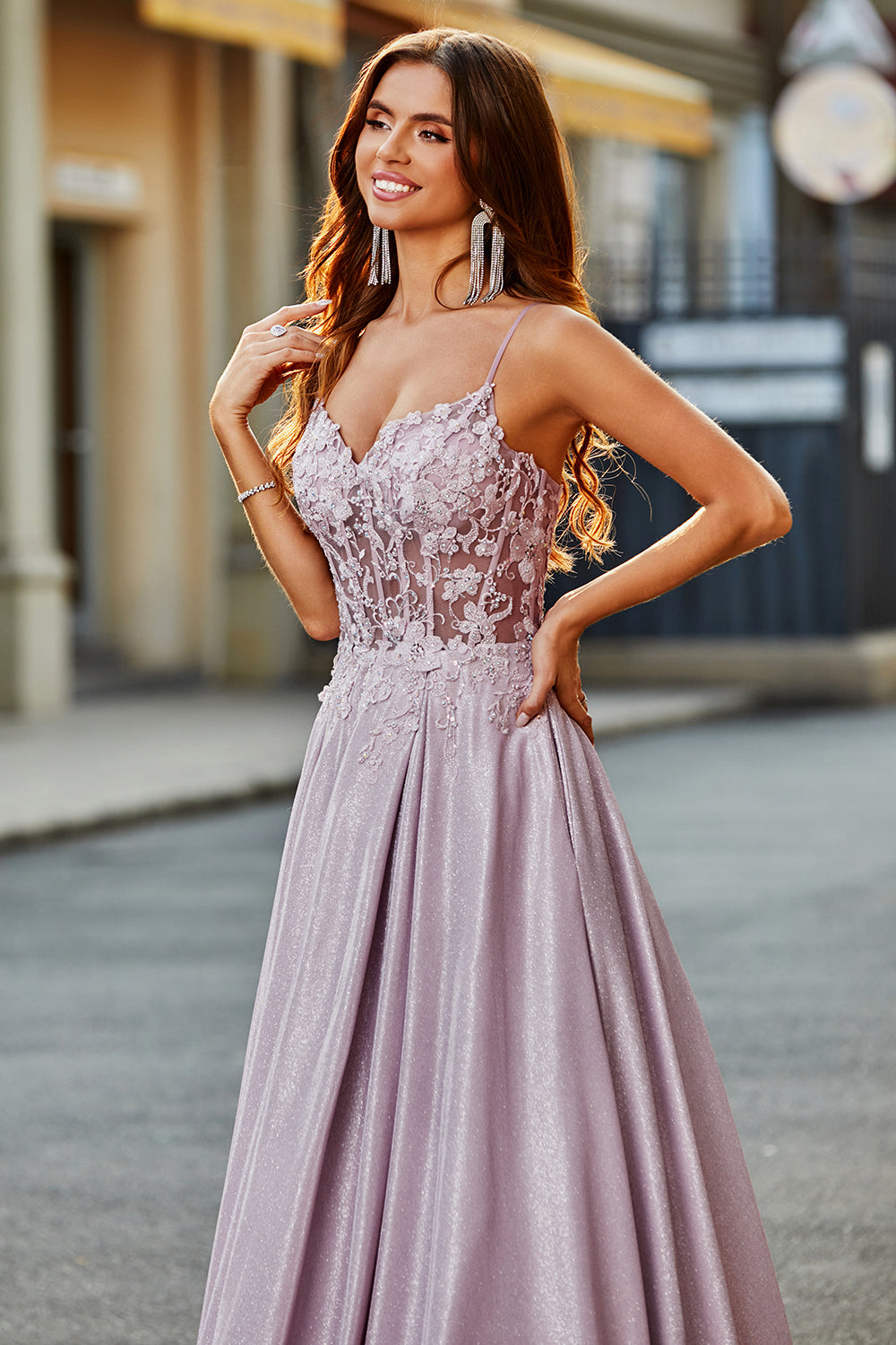 Glitter Spaghetti Straps Blush Prom Dress with Beading