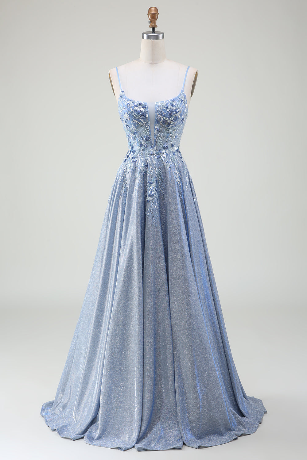 Robe de bal bleu gris à bretelles spaghetti trapèze scintillante