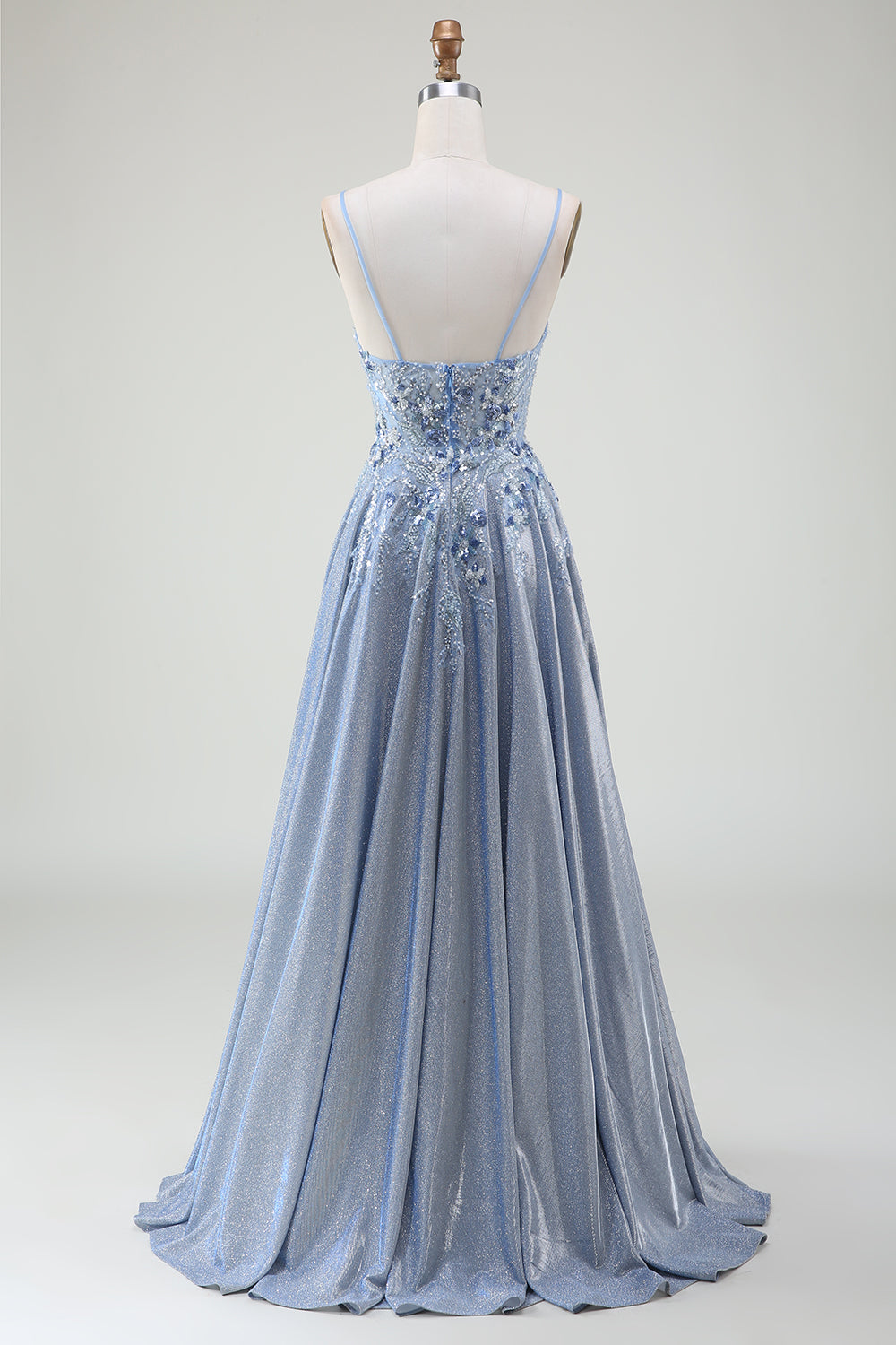Robe de bal bleu gris à bretelles spaghetti trapèze scintillante