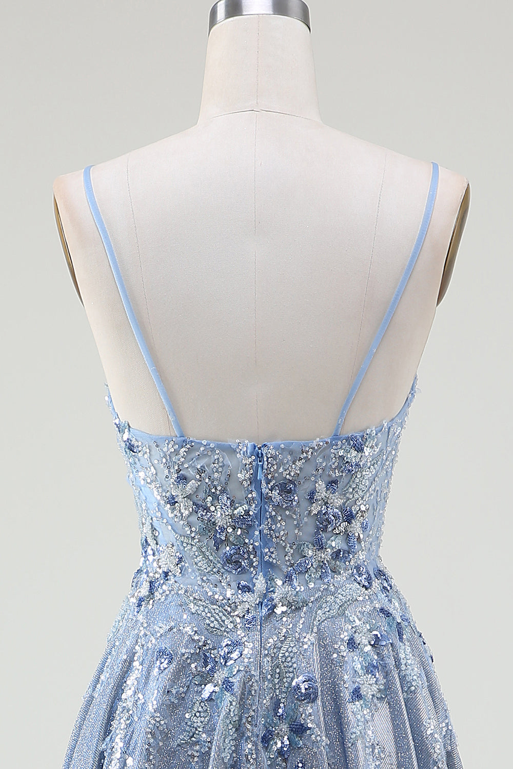 Robe de bal bleu gris à bretelles spaghetti trapèze scintillante