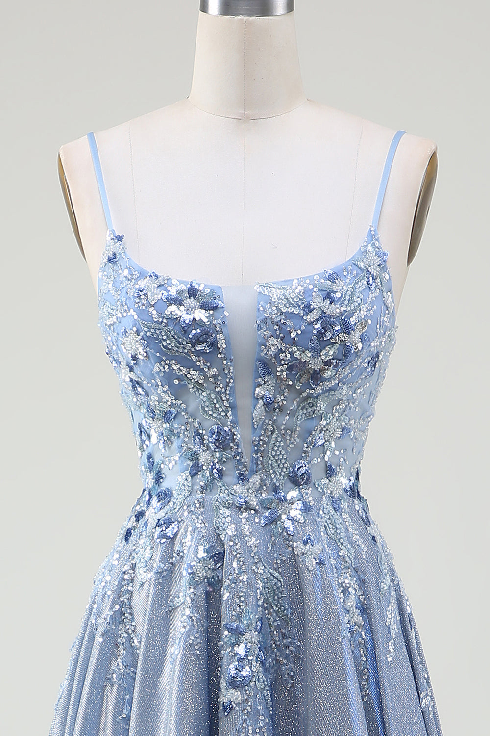 Robe de bal bleu gris à bretelles spaghetti trapèze scintillante
