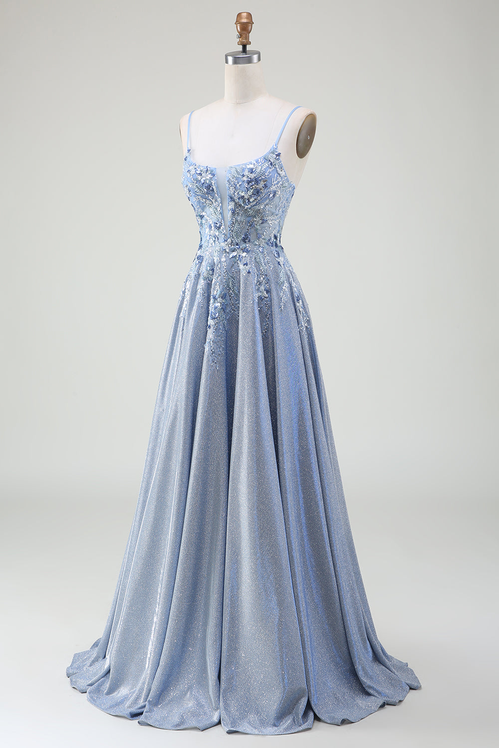 Robe de bal bleu gris à bretelles spaghetti trapèze scintillante