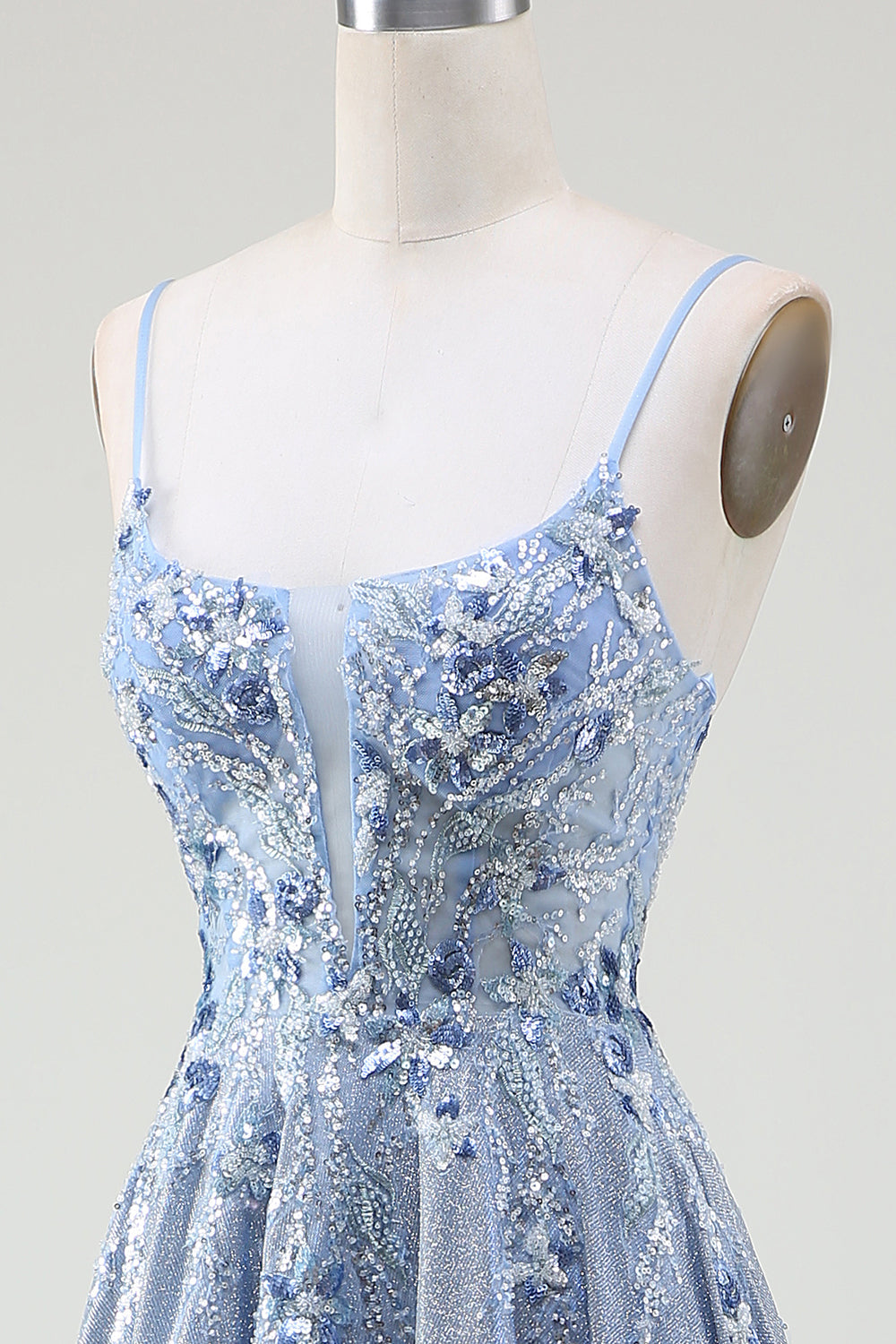 Robe de bal bleu gris à bretelles spaghetti trapèze scintillante