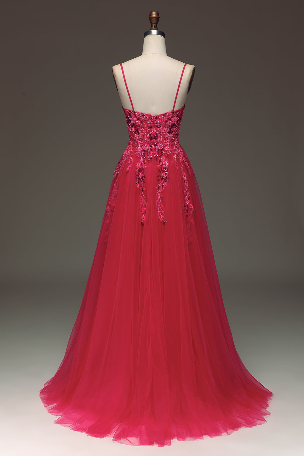 Robe de bal ligne A bleu clair à sequins, bretelles spaghetti et appliques