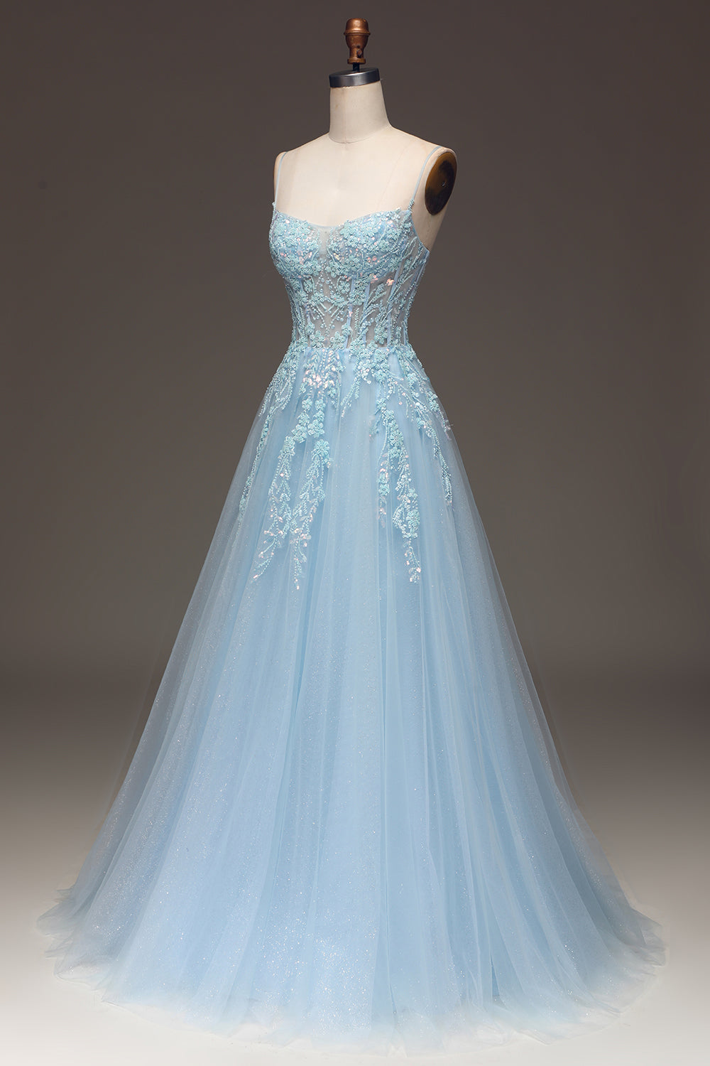 Robe de bal ligne A bleu clair à sequins, bretelles spaghetti et appliques
