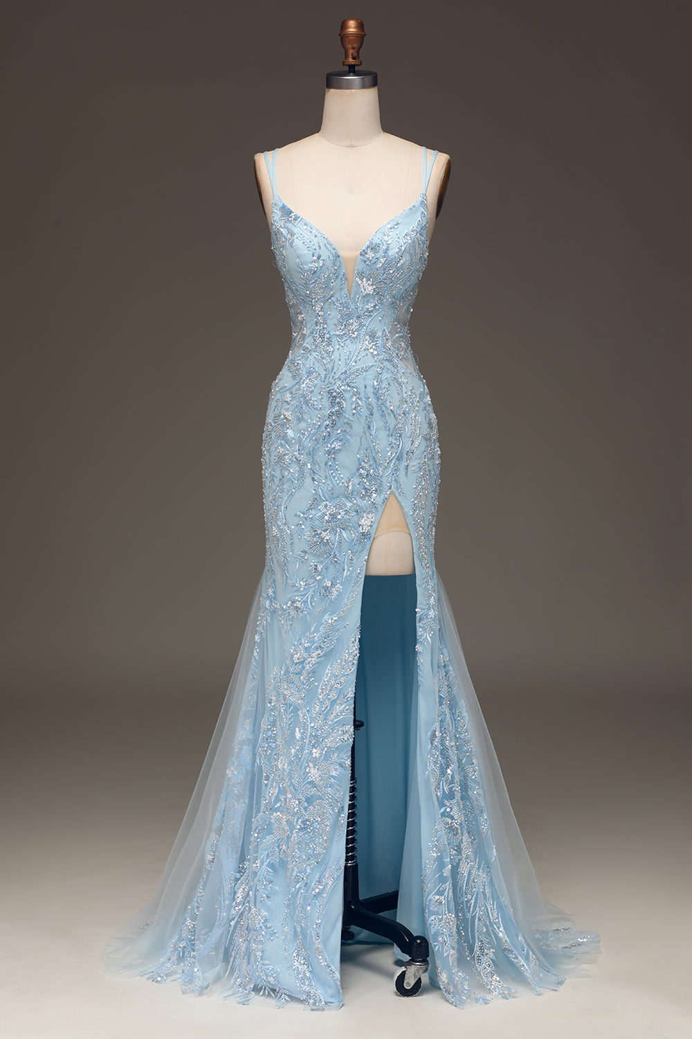 Robe de Soirée Sirène en Tulle Bleu Perlée