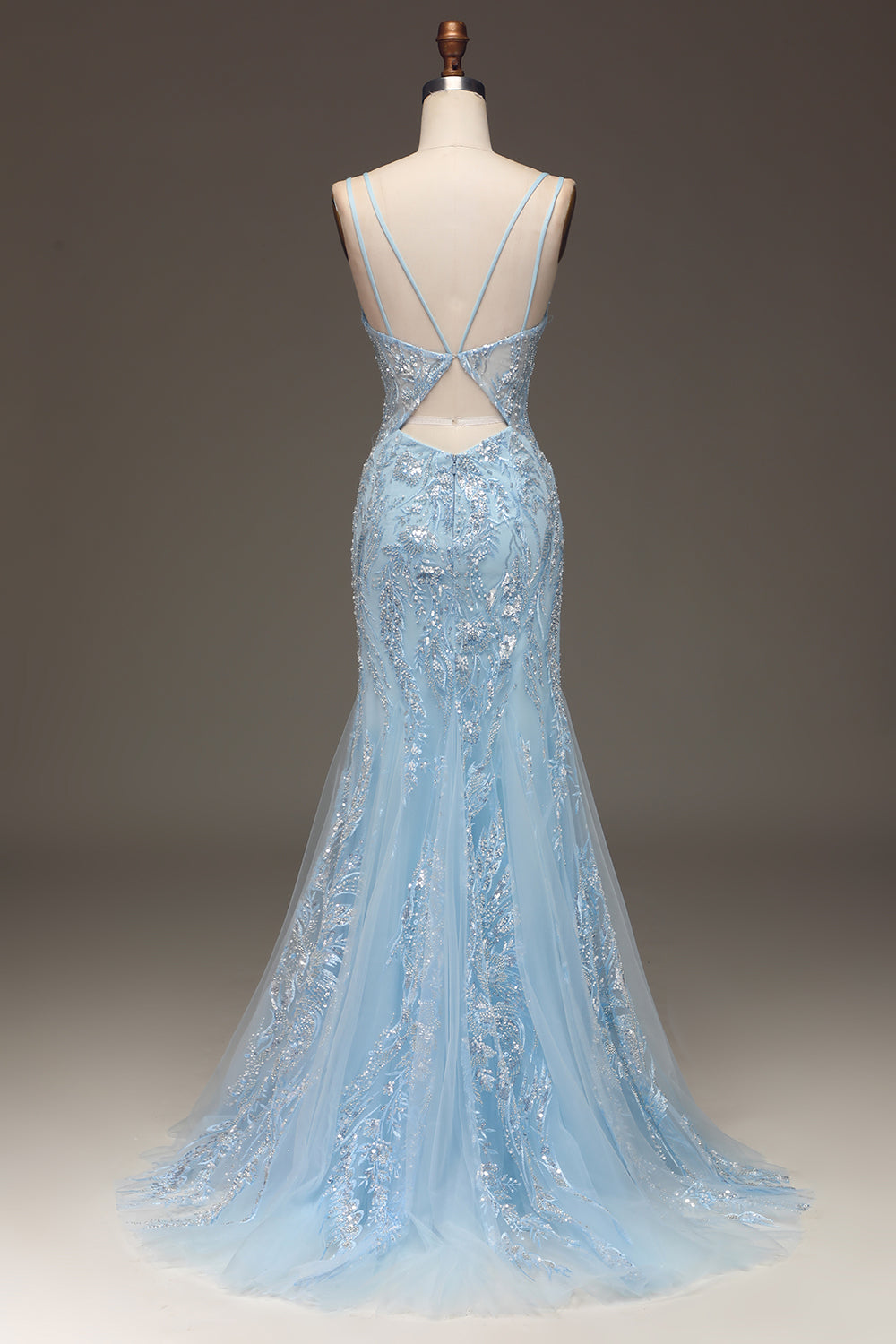 Robe de Soirée Sirène en Tulle Bleu Perlée