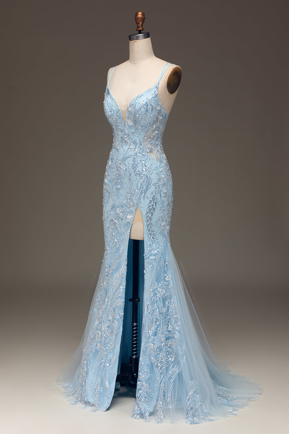 Robe de Soirée Sirène en Tulle Bleu Perlée