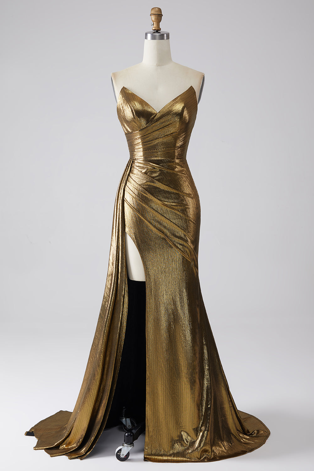 Robe de soirée longue sirène dorée scintillante avec fente