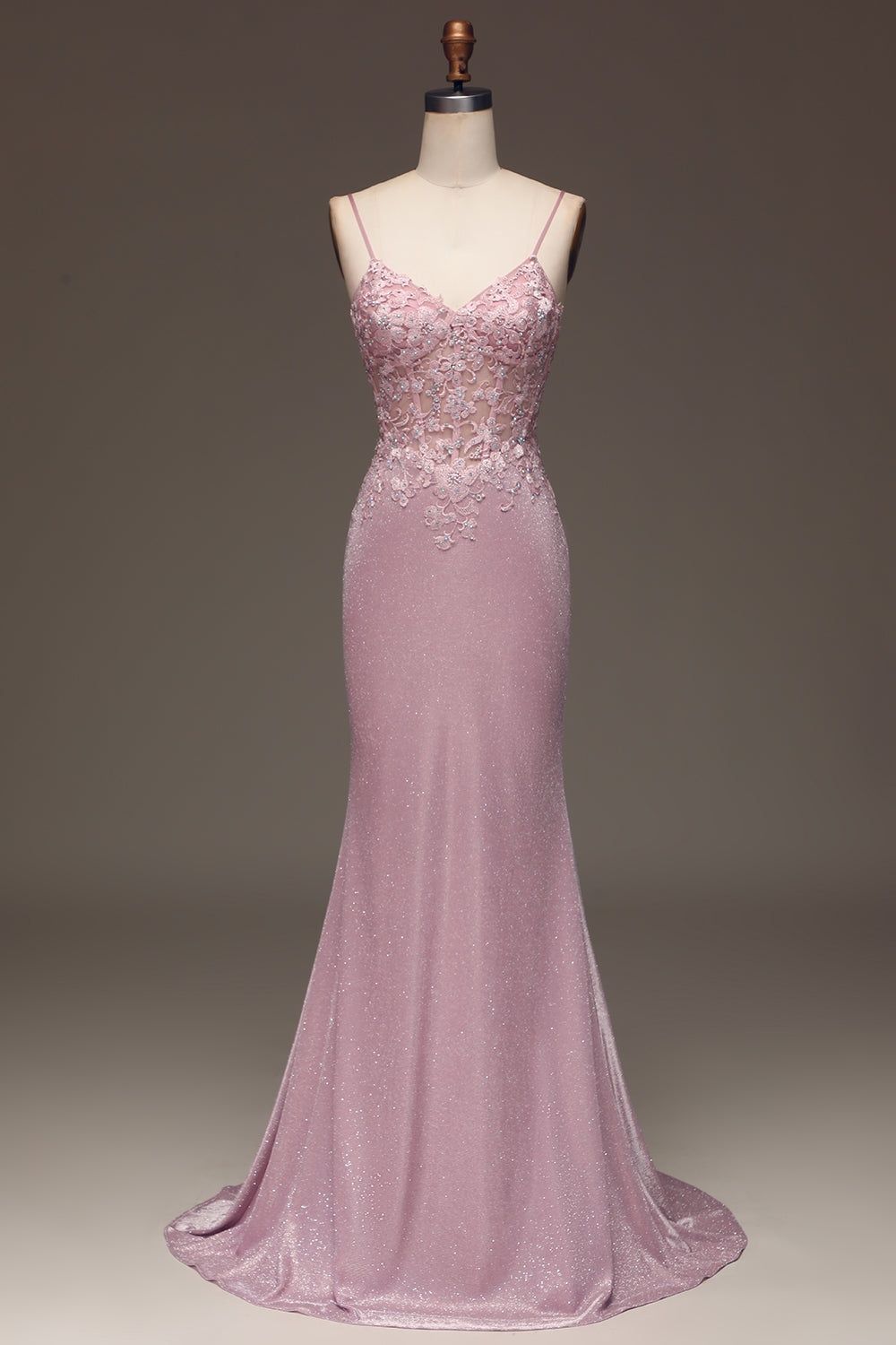 Robe de bal sirène longue rose pâle pailletée à fines bretelles et perles