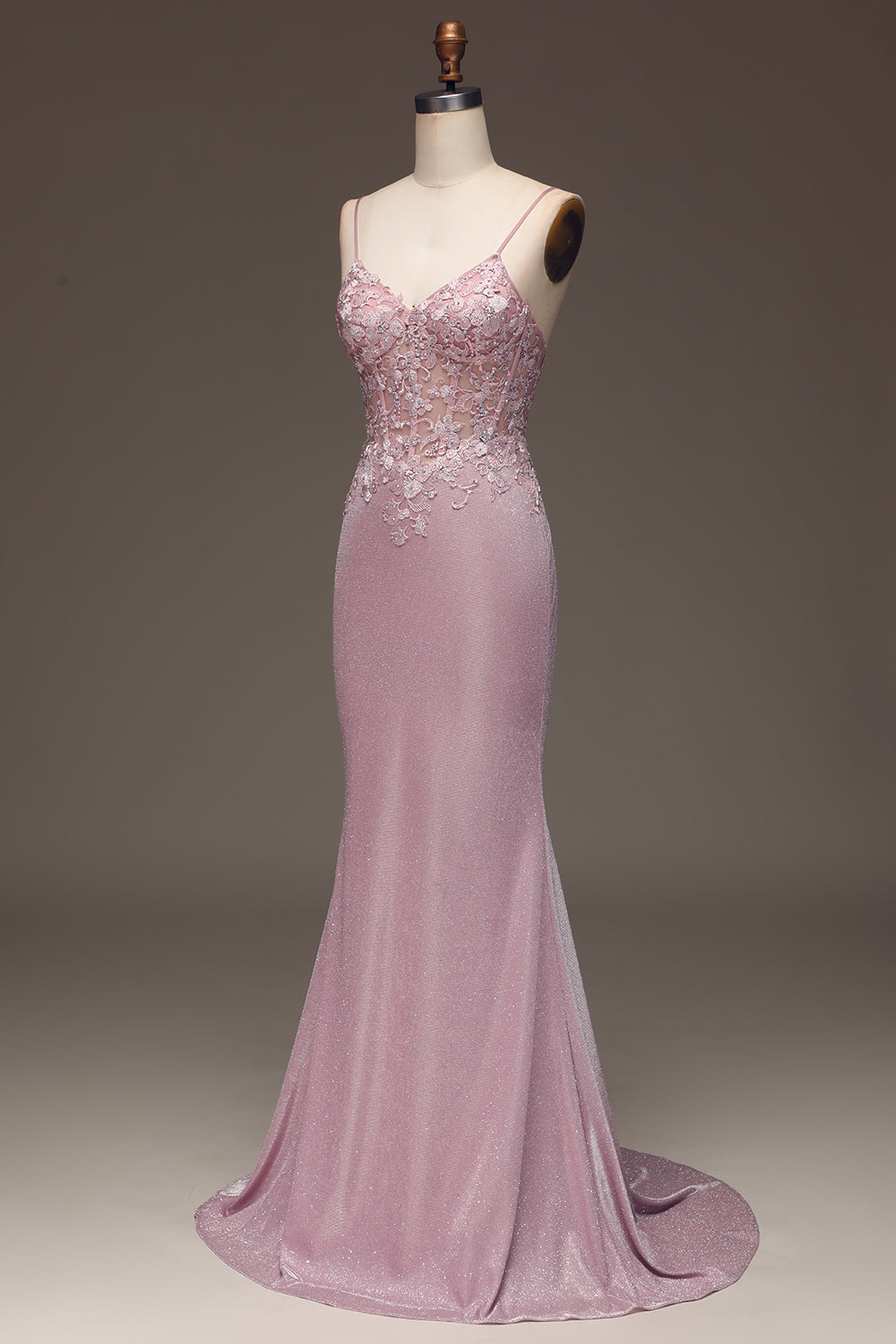 Robe de bal sirène longue rose pâle pailletée à fines bretelles et perles