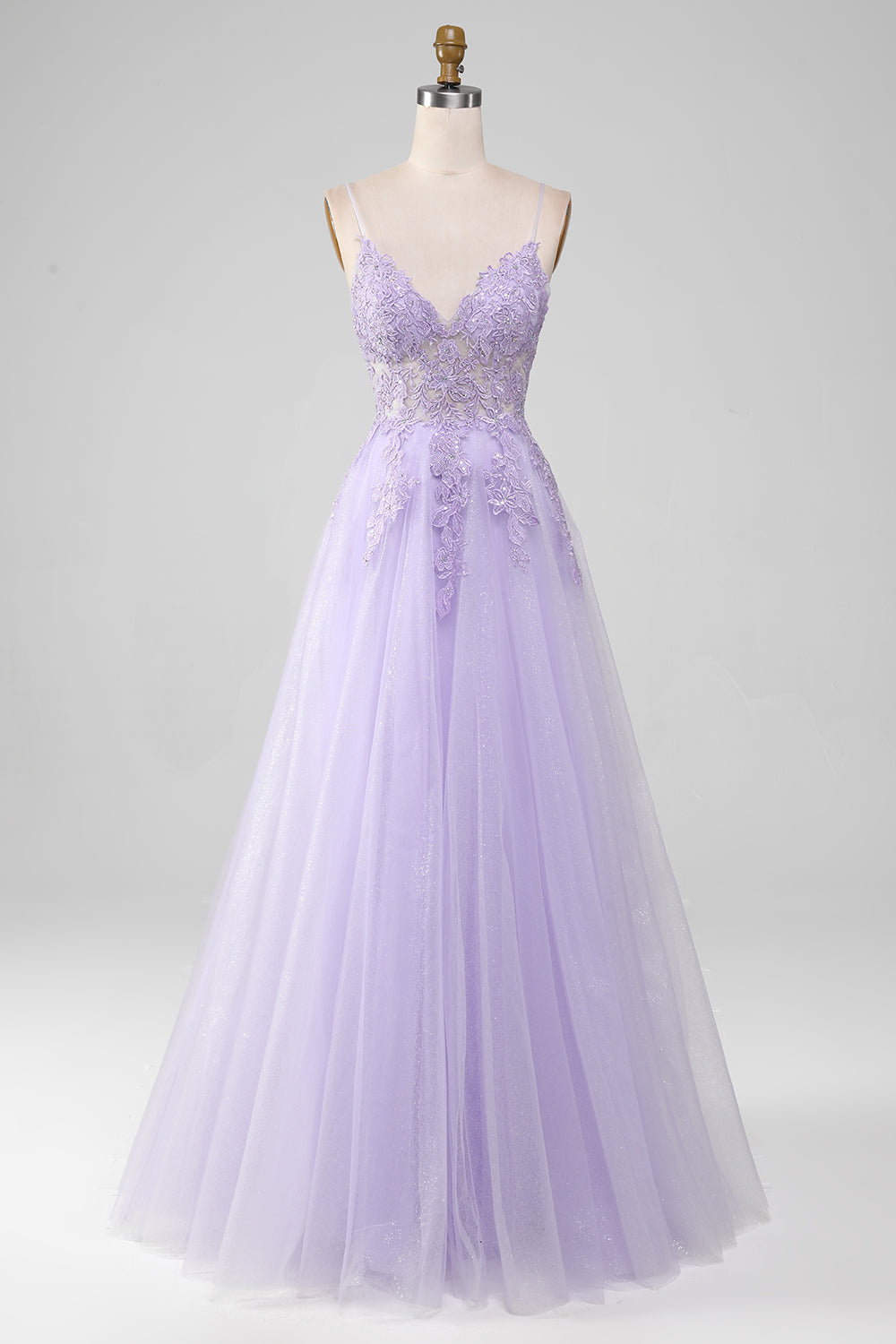Robe de bal longue évasée violet clair scintillante avec bretelles fines et perles