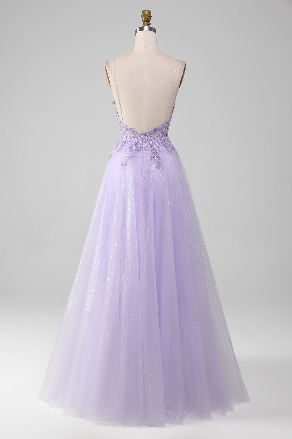 Robe de bal longue évasée violet clair scintillante avec bretelles fines et perles