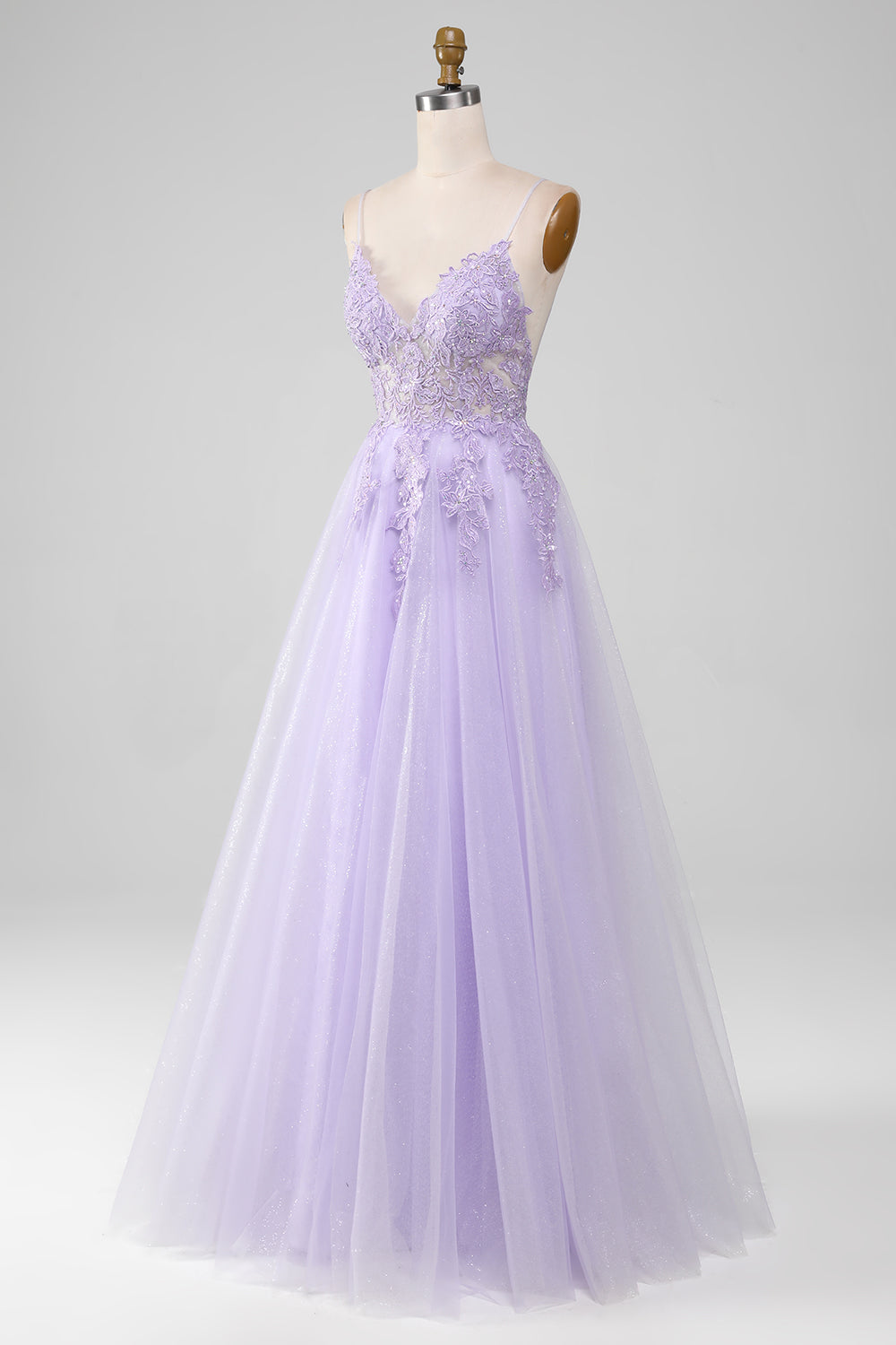 Robe de bal longue évasée violet clair scintillante avec bretelles fines et perles