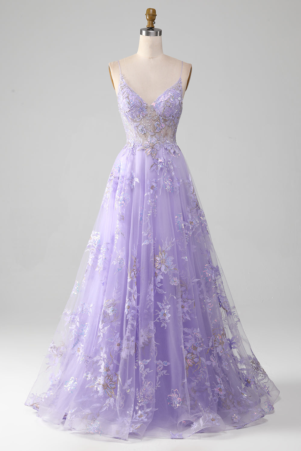 Robe de bal violette trapèze à sequins et broderies