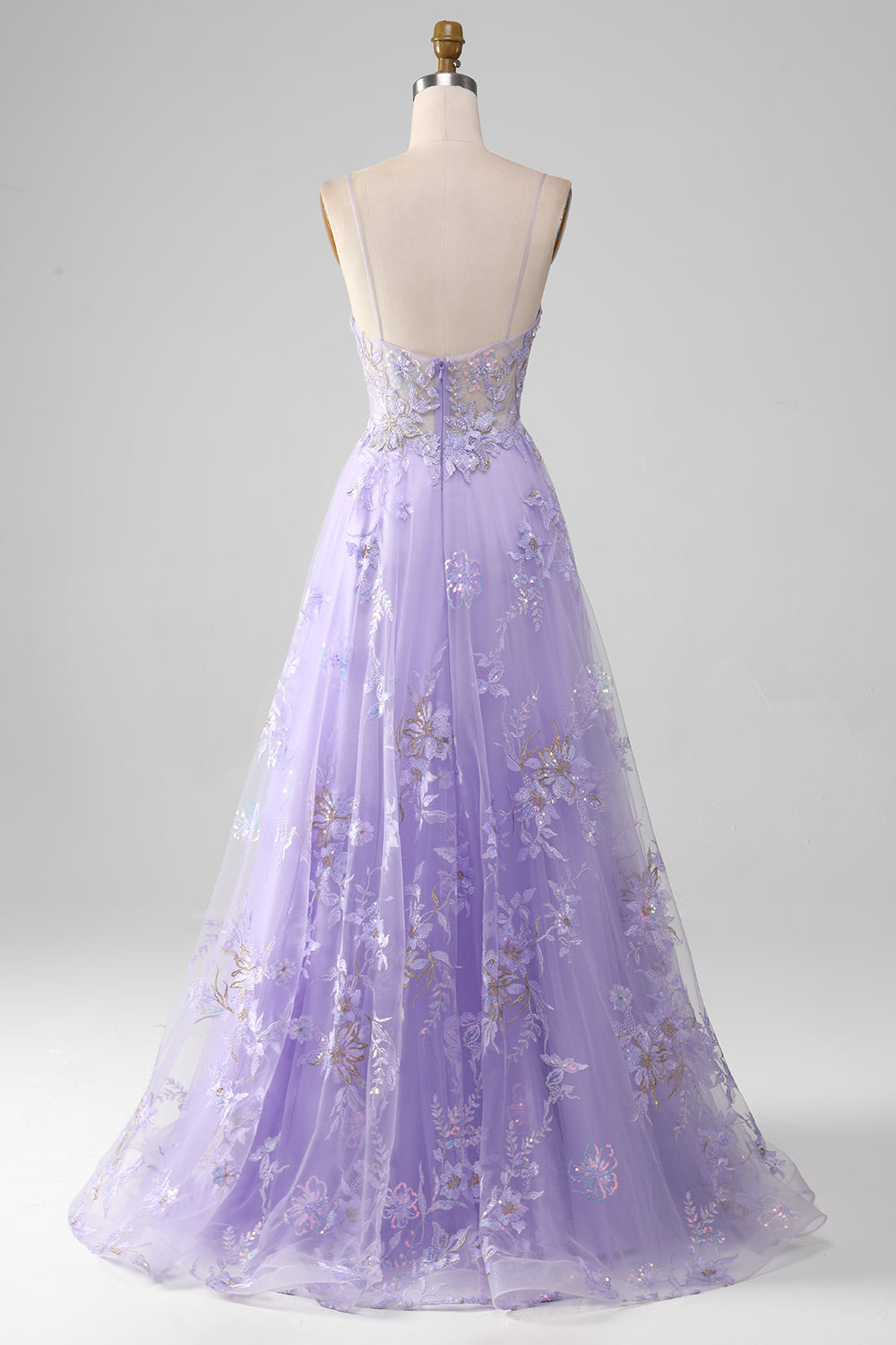 Robe de bal violette trapèze à sequins et broderies