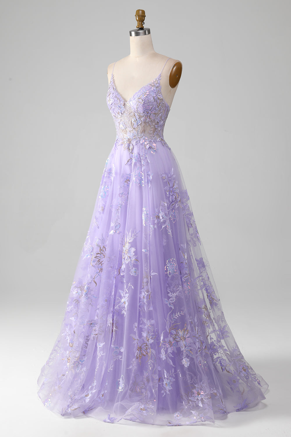 Robe de bal violette trapèze à sequins et broderies