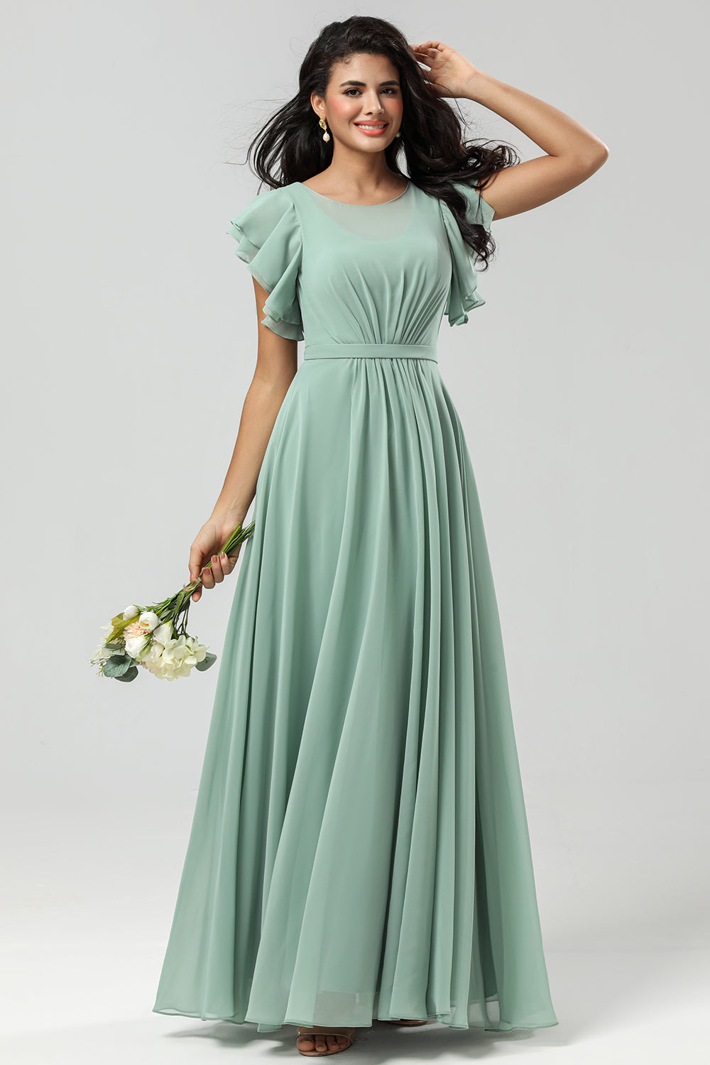 Robe de demoiselle d'honneur plissée verte en mousseline coupe trapèze