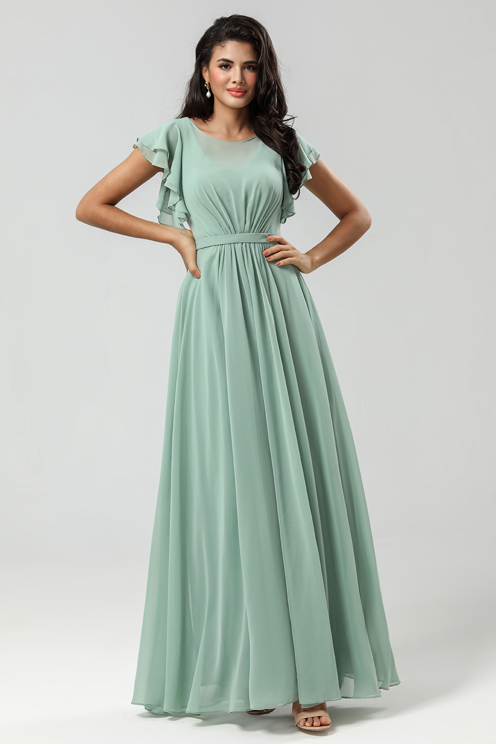 Robe de demoiselle d'honneur plissée verte en mousseline coupe trapèze