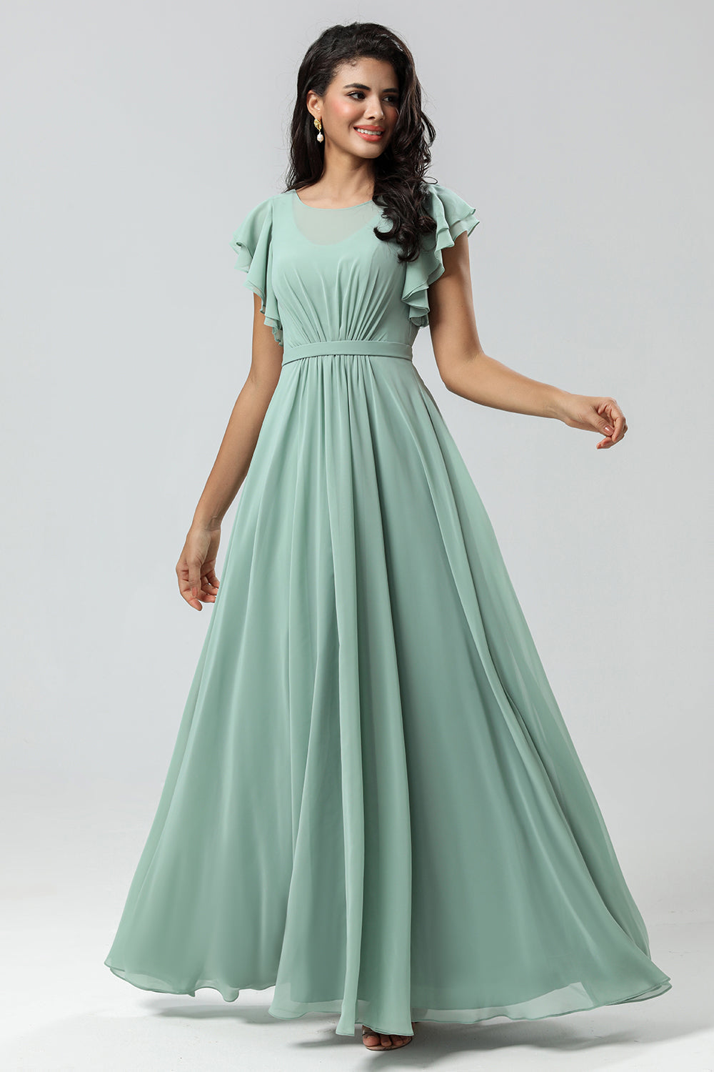 Robe de demoiselle d'honneur plissée verte en mousseline coupe trapèze