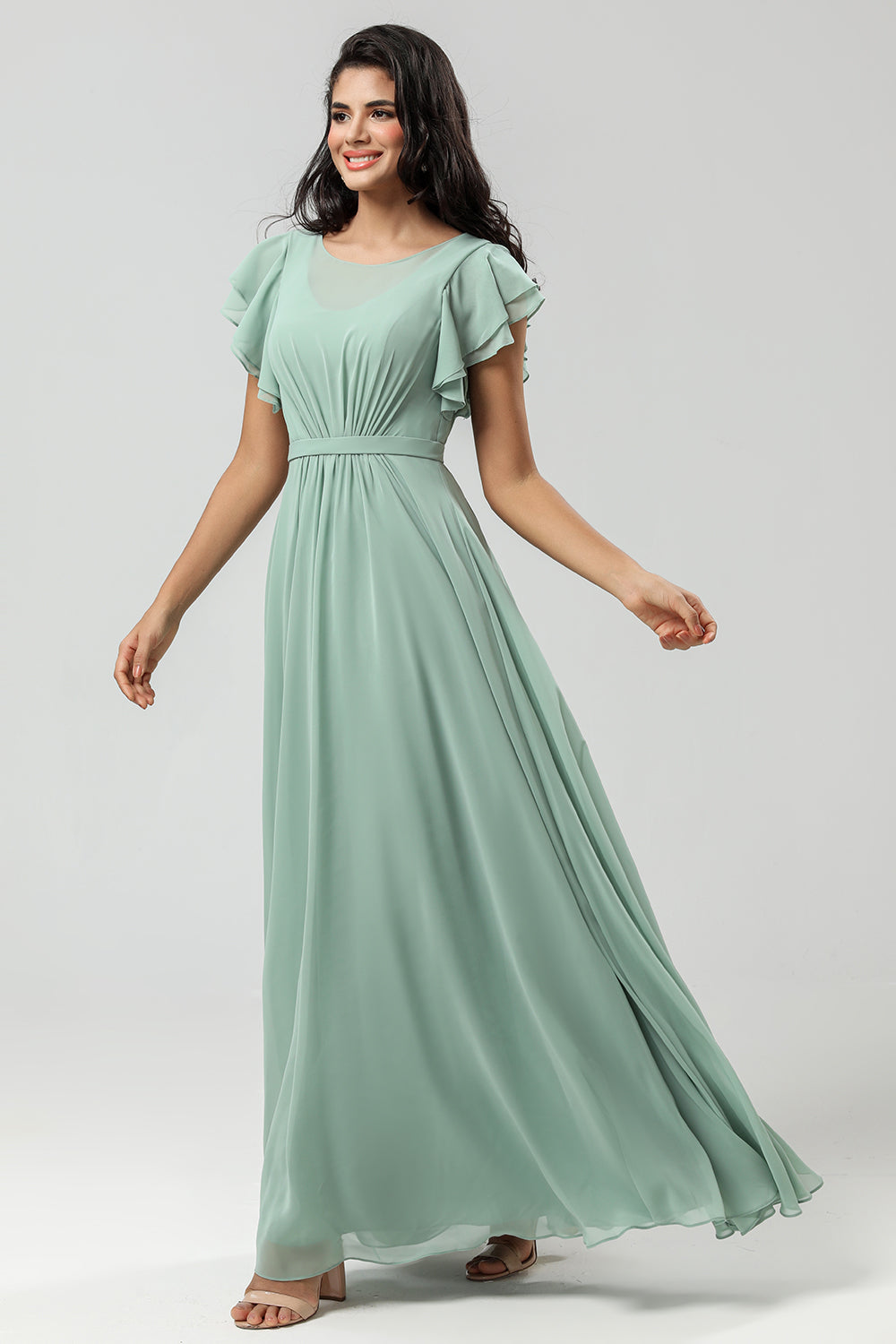 Robe de demoiselle d'honneur plissée verte en mousseline coupe trapèze