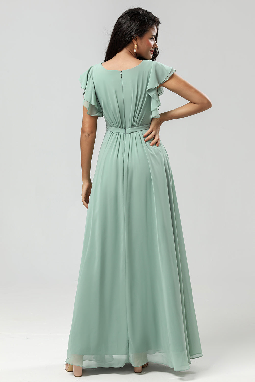 Robe de demoiselle d'honneur plissée verte en mousseline coupe trapèze
