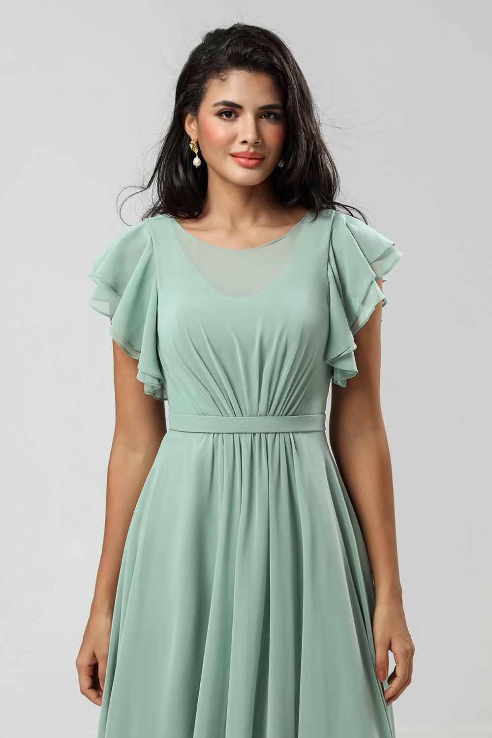 Robe de demoiselle d'honneur plissée verte en mousseline coupe trapèze