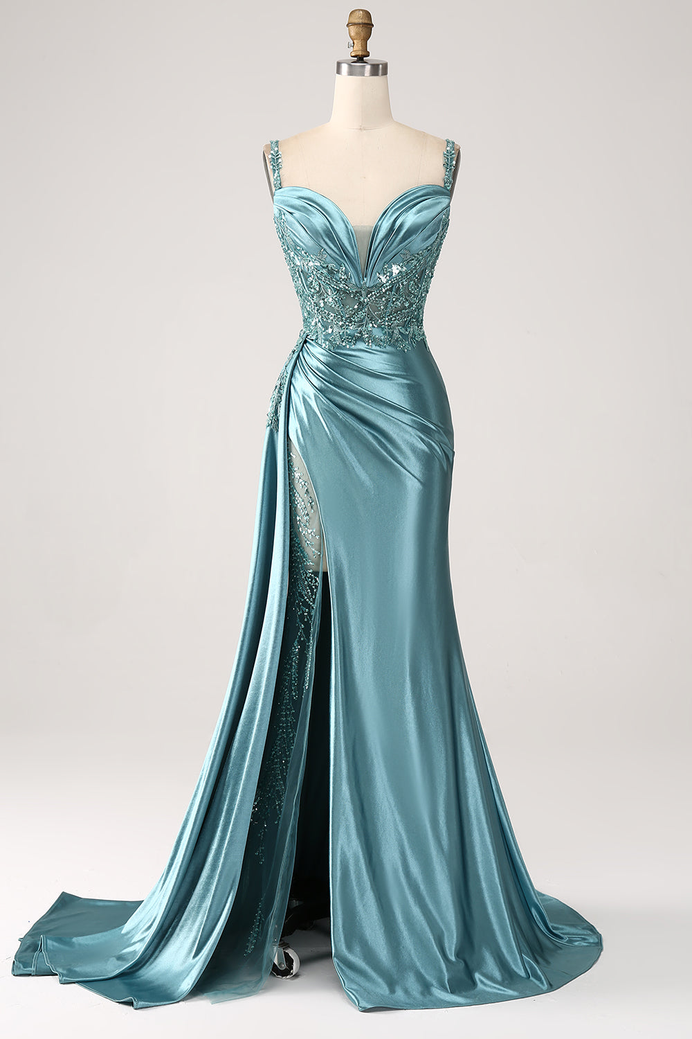 Robe de bal sirène longue en satin bleu à col en V, avec appliqués, sequins et fente