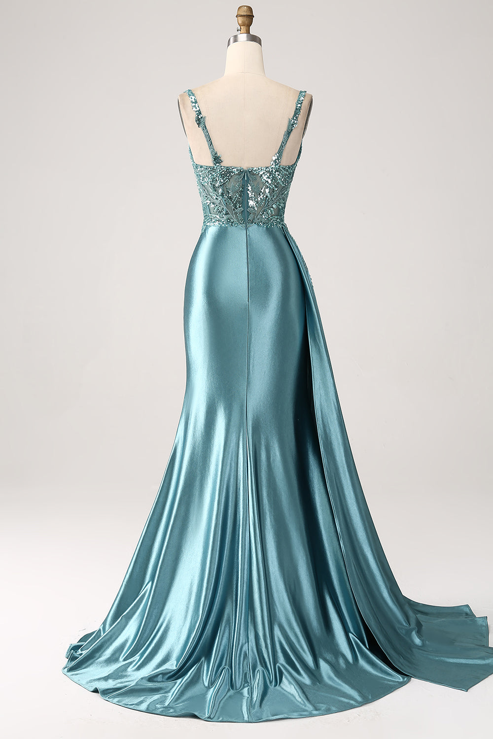 Robe de bal sirène longue en satin bleu à col en V, avec appliqués, sequins et fente