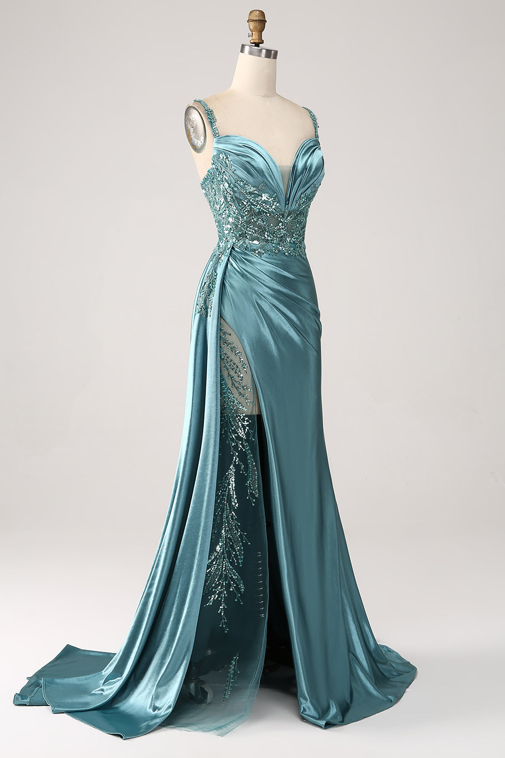 Robe de bal sirène longue en satin bleu à col en V, avec appliqués, sequins et fente