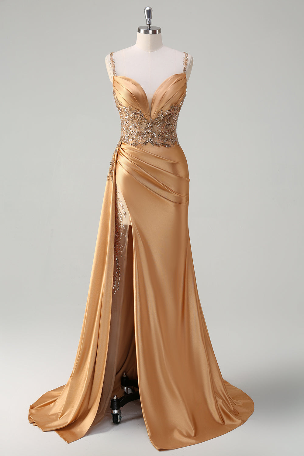 Robe de bal sirène longue en satin bleu à col en V, avec appliqués, sequins et fente