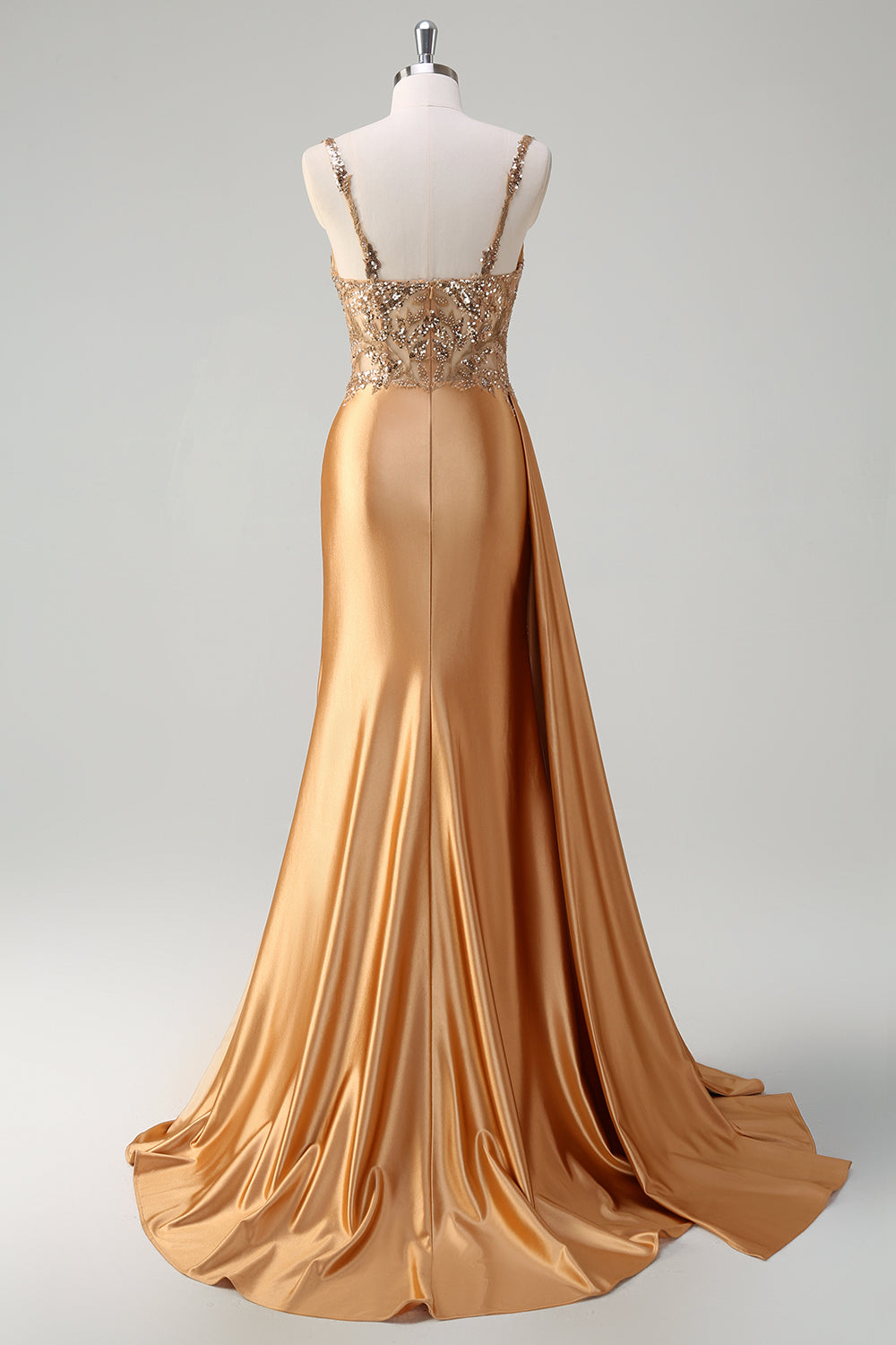 Robe de bal sirène longue en satin bleu à col en V, avec appliqués, sequins et fente