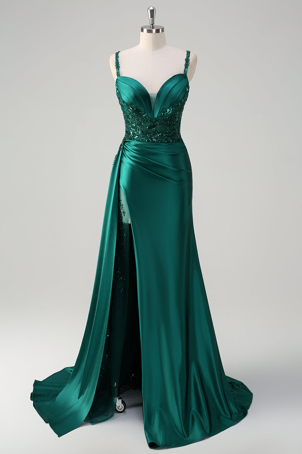 Robe de bal sirène longue en satin bleu à col en V, avec appliqués, sequins et fente