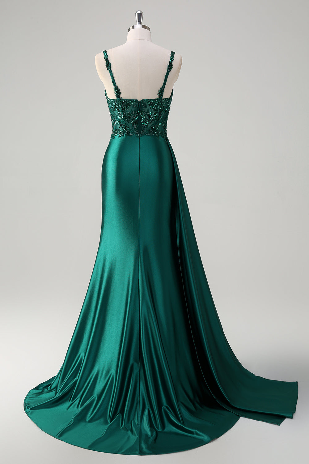 Robe de bal sirène longue en satin bleu à col en V, avec appliqués, sequins et fente