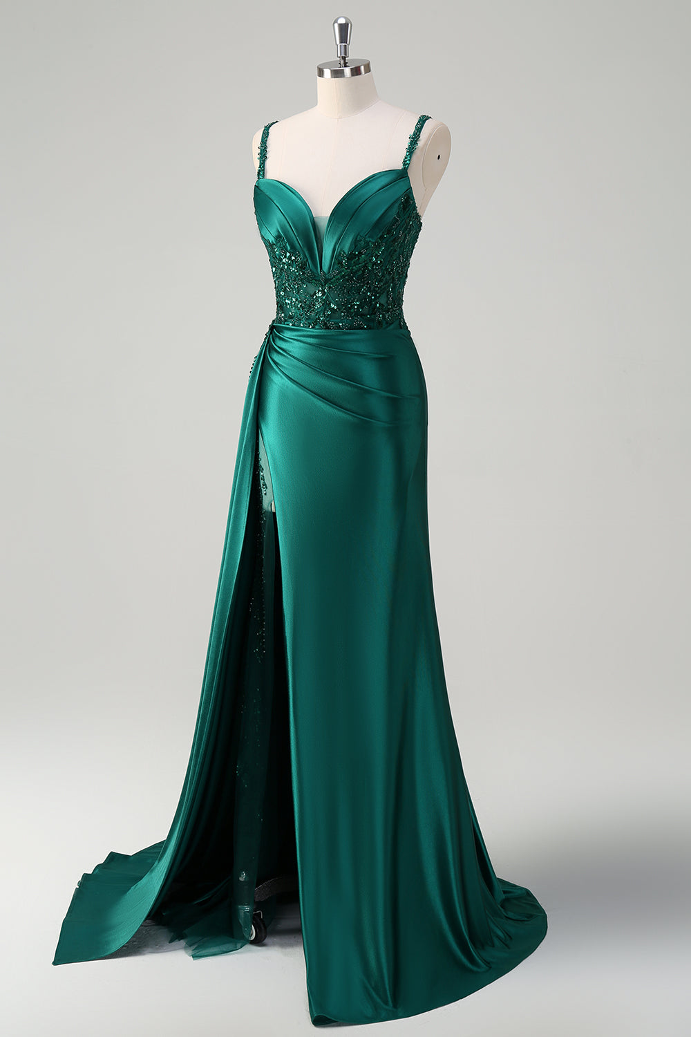 Robe de bal sirène longue en satin bleu à col en V, avec appliqués, sequins et fente