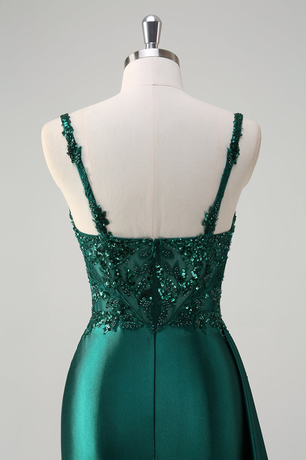 Robe de bal sirène longue en satin bleu à col en V, avec appliqués, sequins et fente