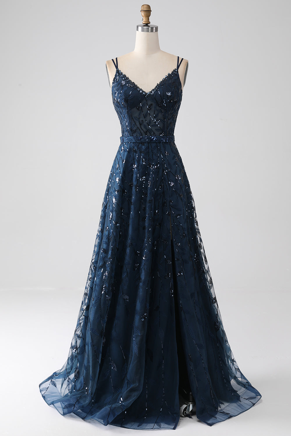 Robe de bal longue bleu marine coupe évasée à bretelles spaghetti avec fente