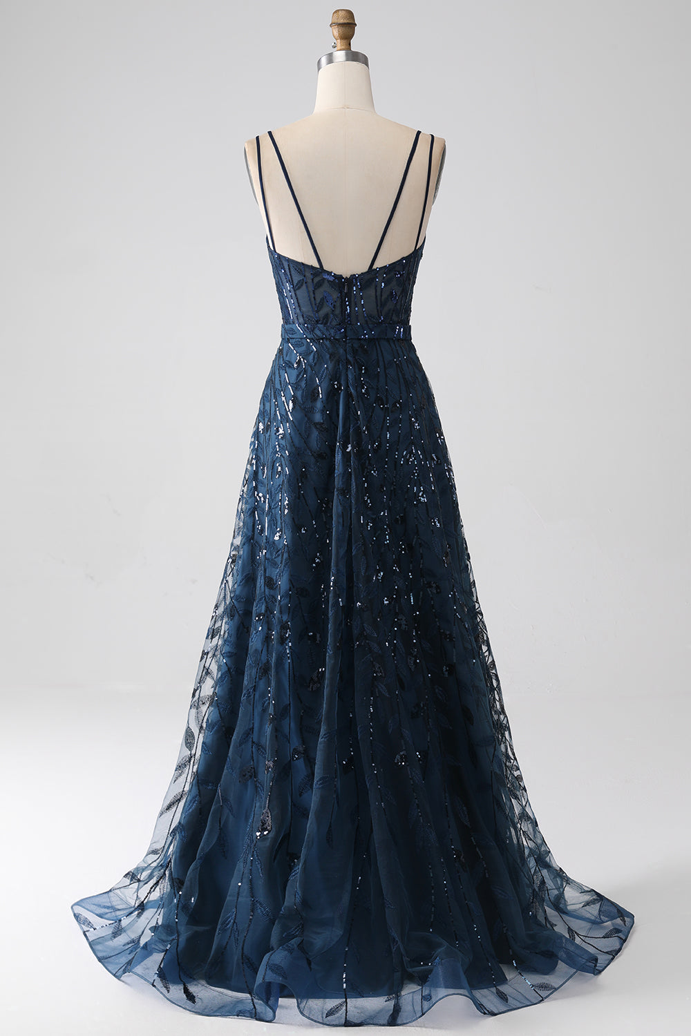 Robe de bal longue bleu marine coupe évasée à bretelles spaghetti avec fente