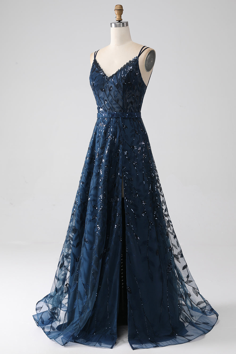 Robe de bal longue bleu marine coupe évasée à bretelles spaghetti avec fente