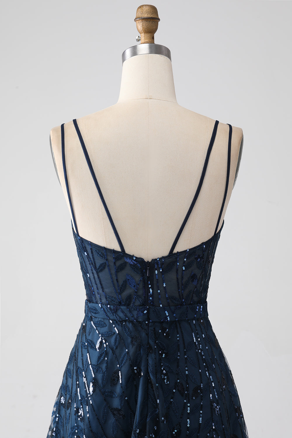 Robe de bal longue bleu marine coupe évasée à bretelles spaghetti avec fente