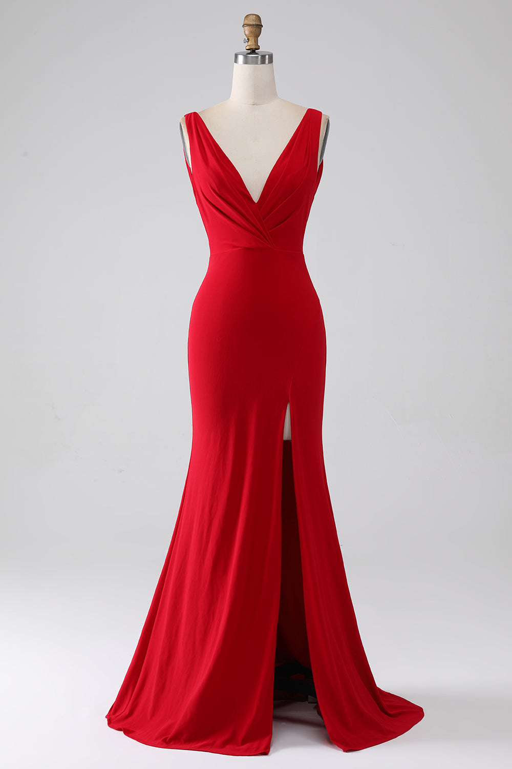 Robe de bal sirène rouge à col en V avec fente