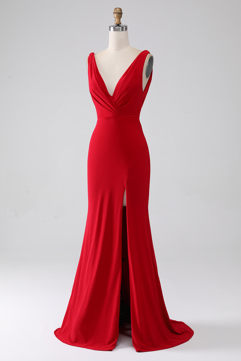Robe de bal sirène rouge à col en V avec fente