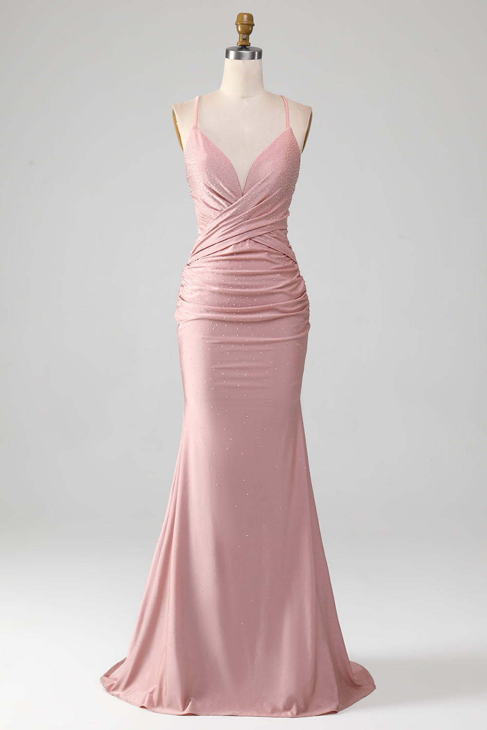 Robe de bal longue sirène perlée blush étincelante