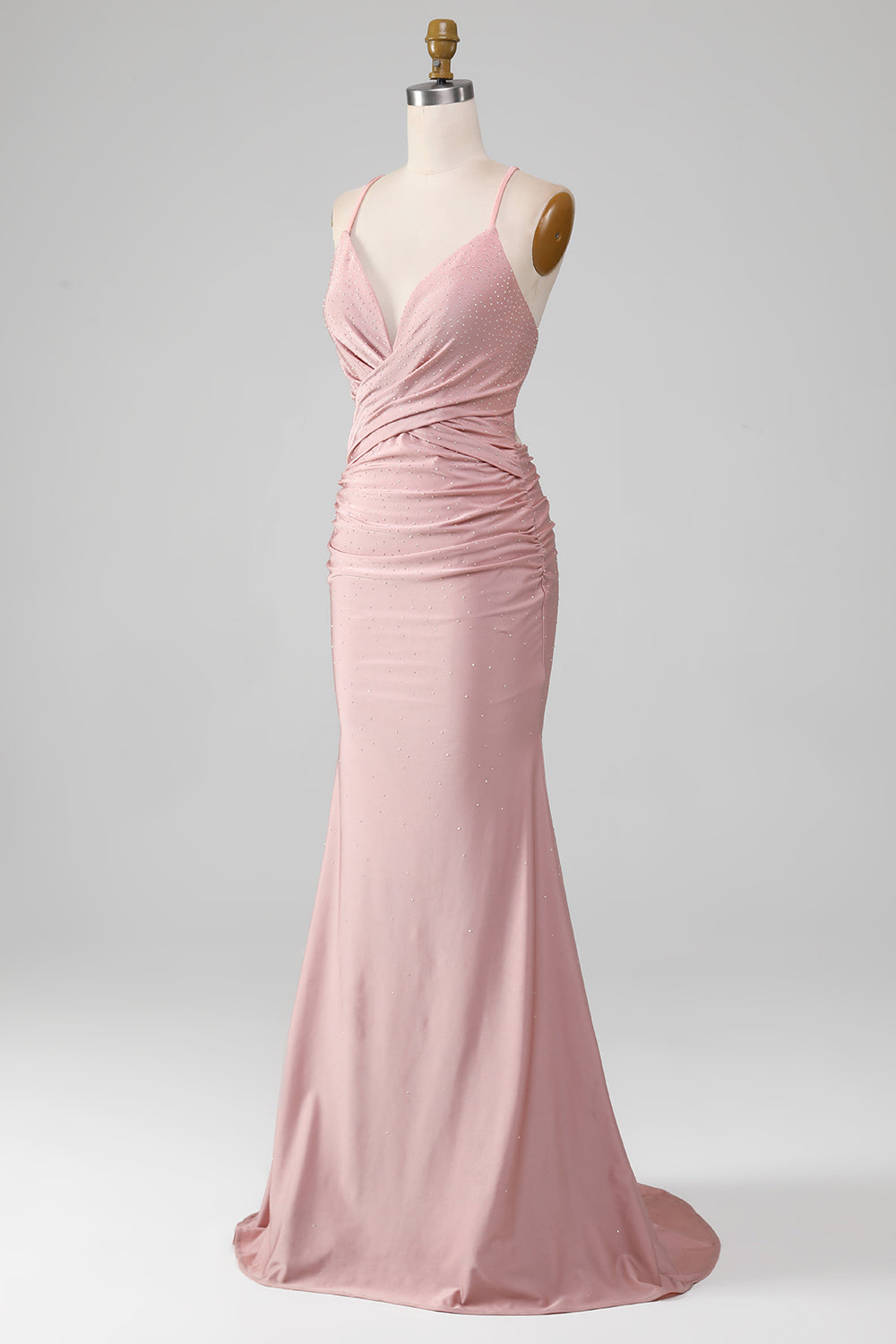 Robe de bal longue sirène perlée blush étincelante