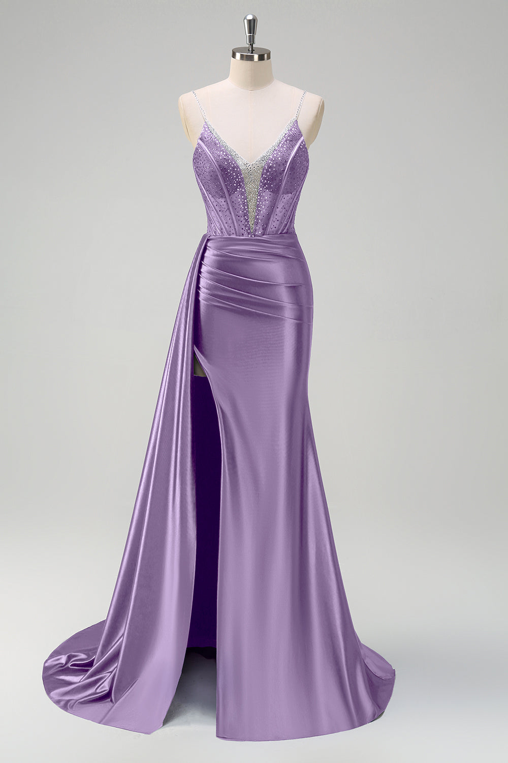 Vestido de Baile Sirena Escote en V con Corset, Entrenador Watteau, Bordado y Abertura