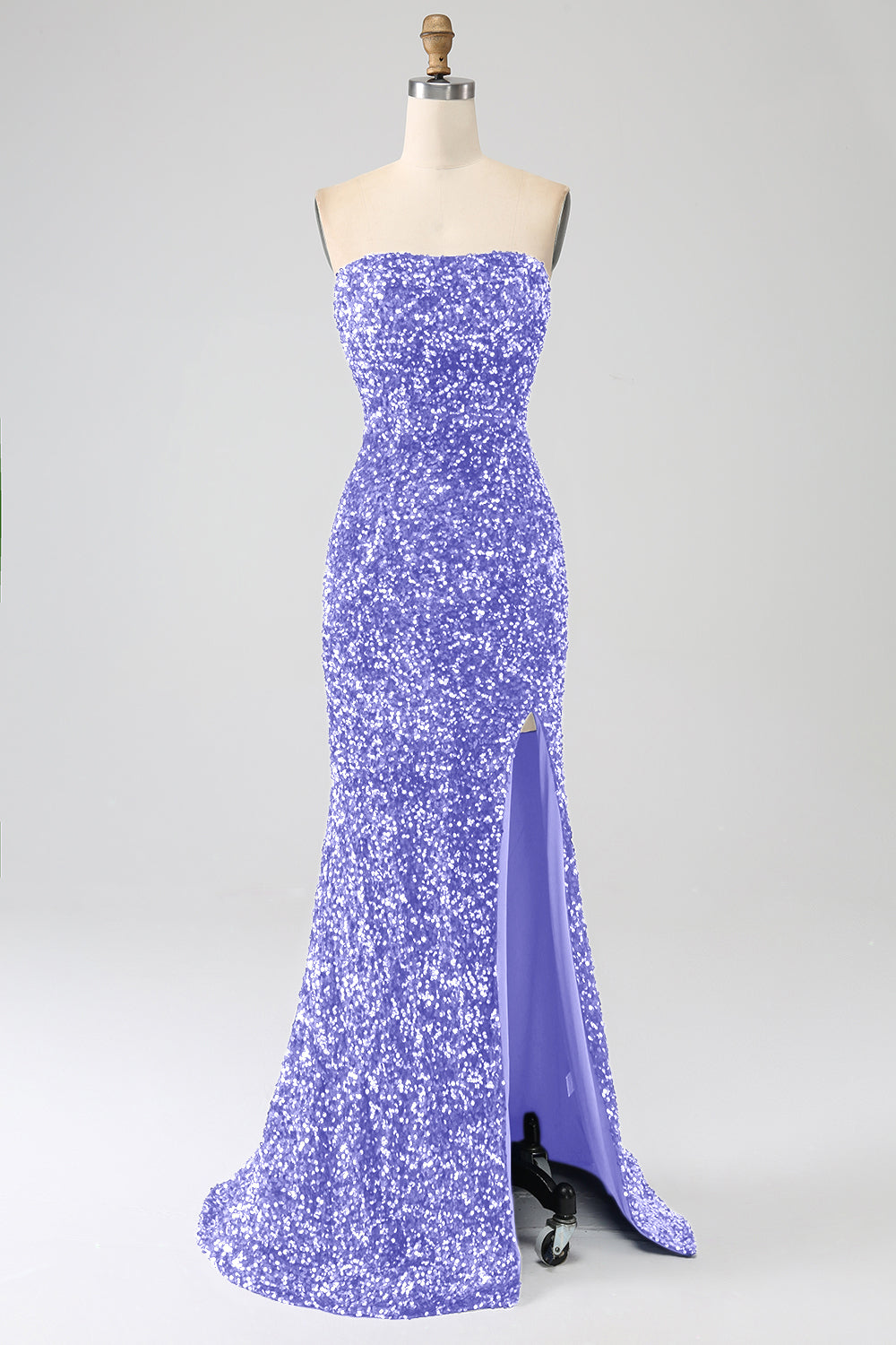 Robe de bal longue sirène à sequins lavande bustier avec fente